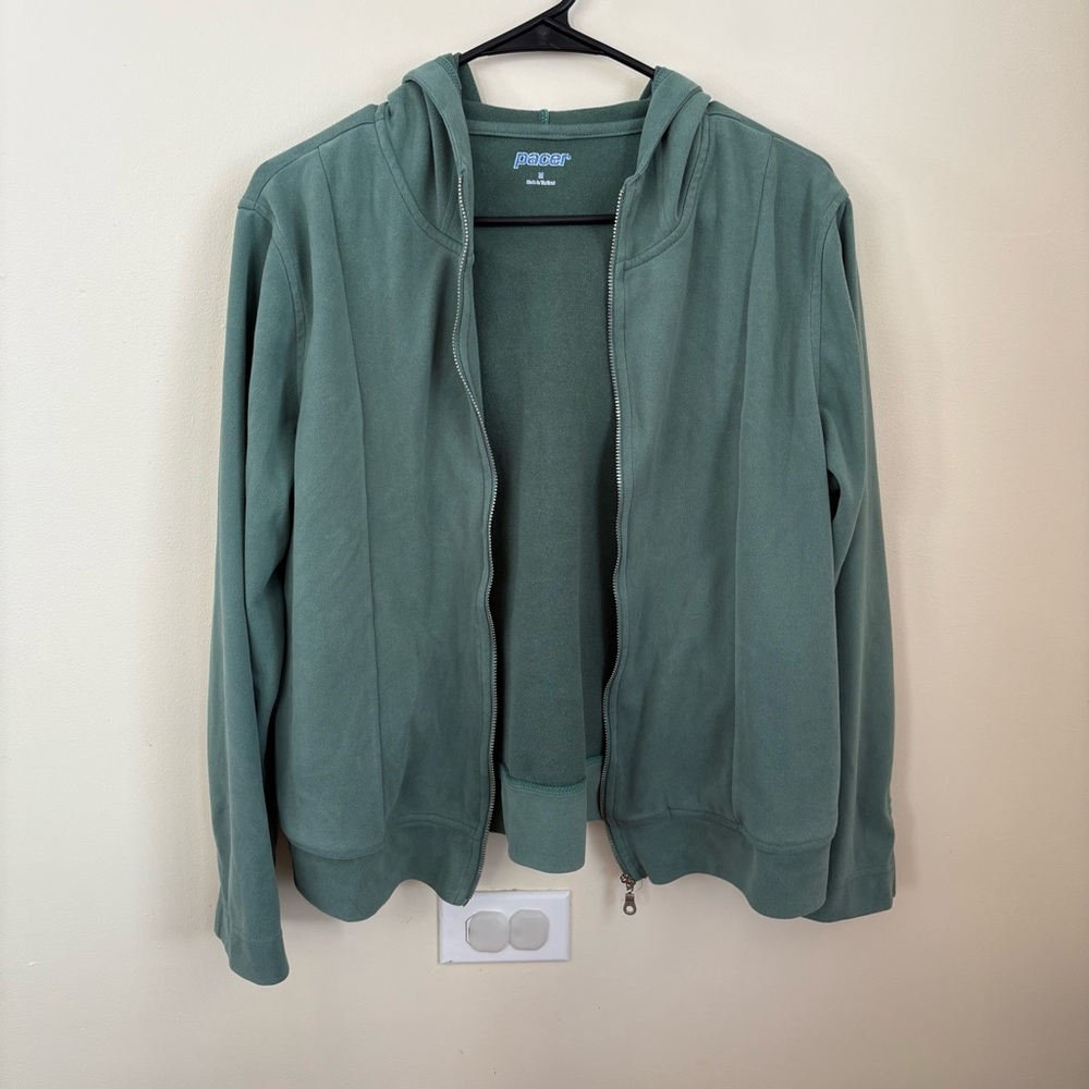 Vintage Pacer Zip Up Sweatshirt Teal Green Hooded Pockets Soft Athleisure Medium